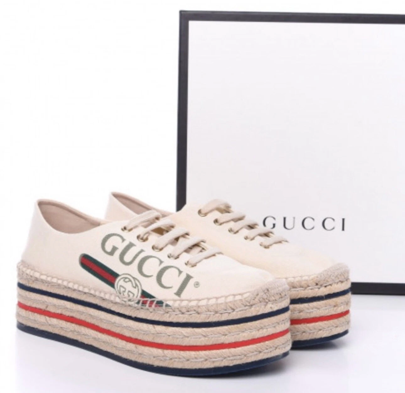 Gucci Lilibeth GG Web Logo Toile Lacets Espadrille Plateforme Baskets Crème EU41