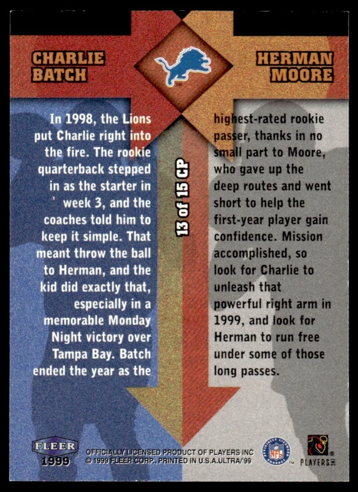 1999 Ultra Counterparts Charlie Batch/Herman Moore #13CP R56 - Image 2 of 2