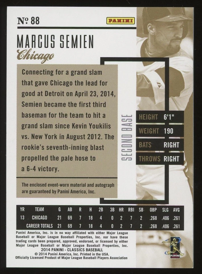 2014 Panini Classics Silver Jerseys /299 Marcus Semien #88 Rookie Auto RC - Image 2 of 2