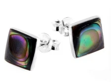 925 REAL SILVER _ Stud Earrings Square Diamond Sea Opal Shell 8mm