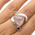 925 Sterling Silver Vintage Real Rose Quartz Red Garnet Peridot Gem Ring Size 6
