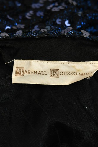 Vintage 70s Marshall Rousso Navy Blue Knit Metallic Sequin One Shoulder Dress XS - Picture 9 of 9