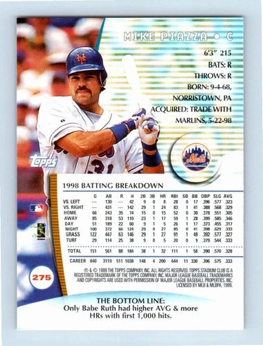 1999 Topps Stadium Club - Mike Piazza #275 Mets - Bild 2 von 2
