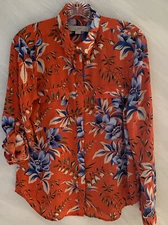 Loft M Blue & Orange 3/4 Roll Tab Sleeve Button Up Floral Blouse Artsy Colorful