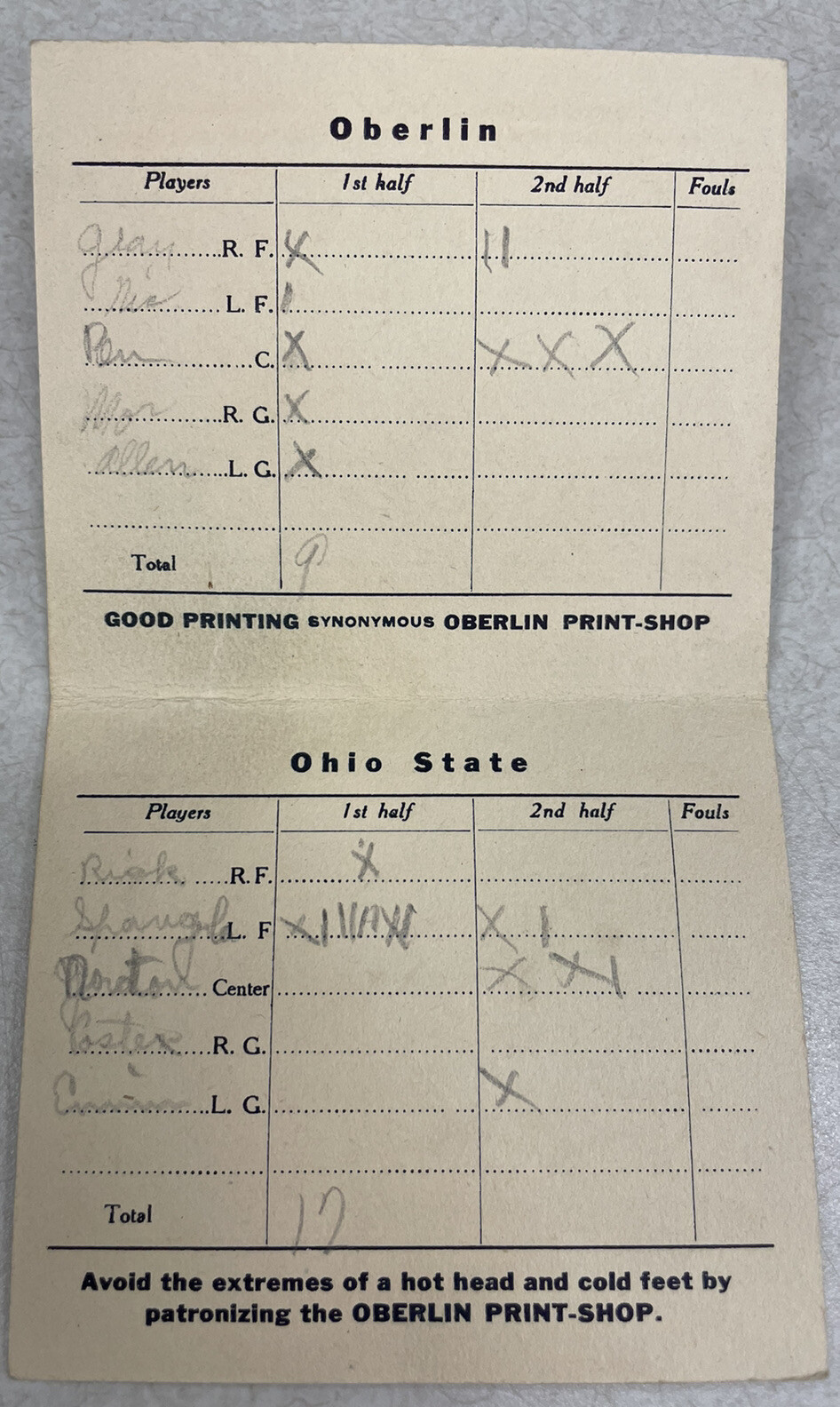 1910 Oberlin College Basketball Game Scorecard Program vs Ohio State eBay