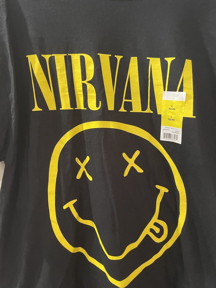 NWT NIRVANA T-Shirt Smiley Face Logo Front Sz L Black Short Sleeve