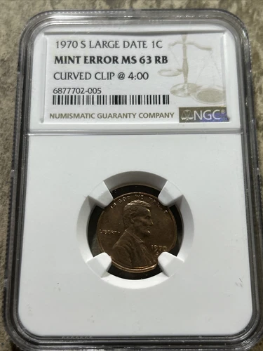 1970 s Lincoln Cent Mint Error NGC MS 63 RB CURVED CLIP Large Date ! RARE!