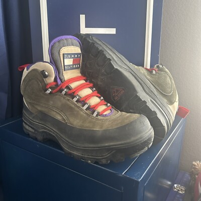 Vintage Tommy Hilfiger Flag hiking boots brown purple red mens