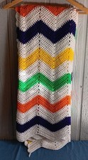 Handmade Crocheted Blanket Aprox 64x48 Zig Zag White Yellow Green Orange Purple 
