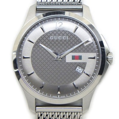 Gucci G-Timeless Uhr Herren Stahl Mesh Band graues Zifferblatt Datum aus Japan