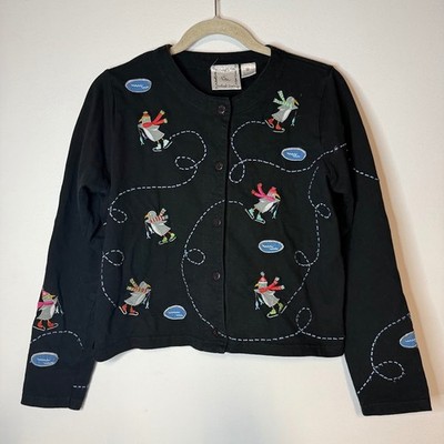 VTG Michael Simon Lite Cardigan Top Penguins Ice Skating Women s Black 90's M