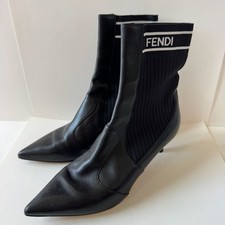 Fendi Rockoko Black Leather and Knit Pointed Toe Sock Boots Size 36