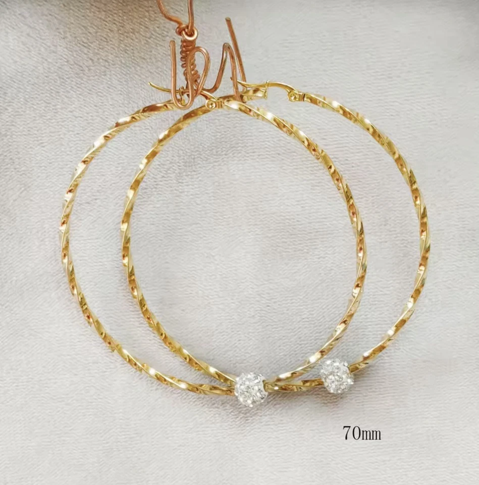 9ct Yellow Gold Filled Large Twist  Round Hoop Crystal Ball  40-70mm  Earrings - Image 3 of 4