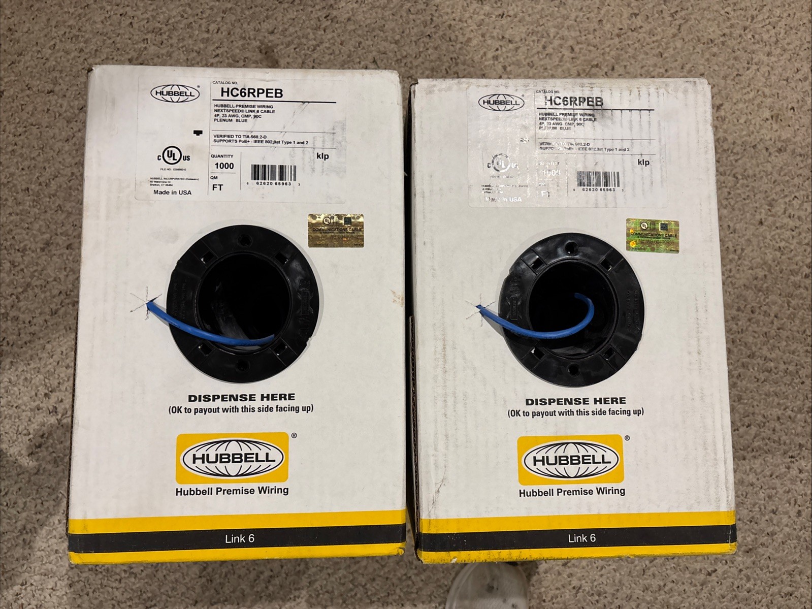 Hubbell HC6RPEB CAT 6 Blue 23AWG 4P CMP Plenum Cable 1000 ft Per Box (2 Boxes)