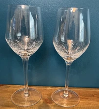 2~Pier 1 Clear Crackle White Wine Goblets ~ 8 7/8” Tall ~ 12 oz ~ Excellent!