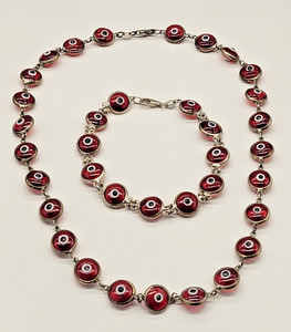 VTG RED GLASS EVIL EYES BEAD STERLING SILVER 16" NECKLACE & 7 1/2" BRACELET SET