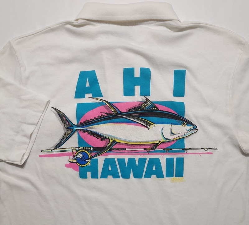Vintage 1980s Hello Hawaii Ahi Tuna Fish Polo Made in USA Large Shirt