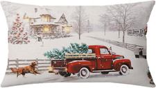 Christmas Pillow Cover 12X20" Holiday Decorations Vintage Red Truck with Xmas