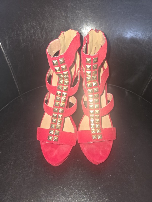Charlotte Russe red suede strappy studded ankle strap stiletto heels
