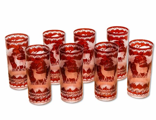 Bohemian Czech Ruby Cut Clear Crystal Tumblers Set 8 Stag Scene Signed JMK Mikší