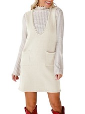 Damen V-Ausschnitt Ärmellos Gestrickt Solide Kurzes Pulloverkleid mit Tasch4173