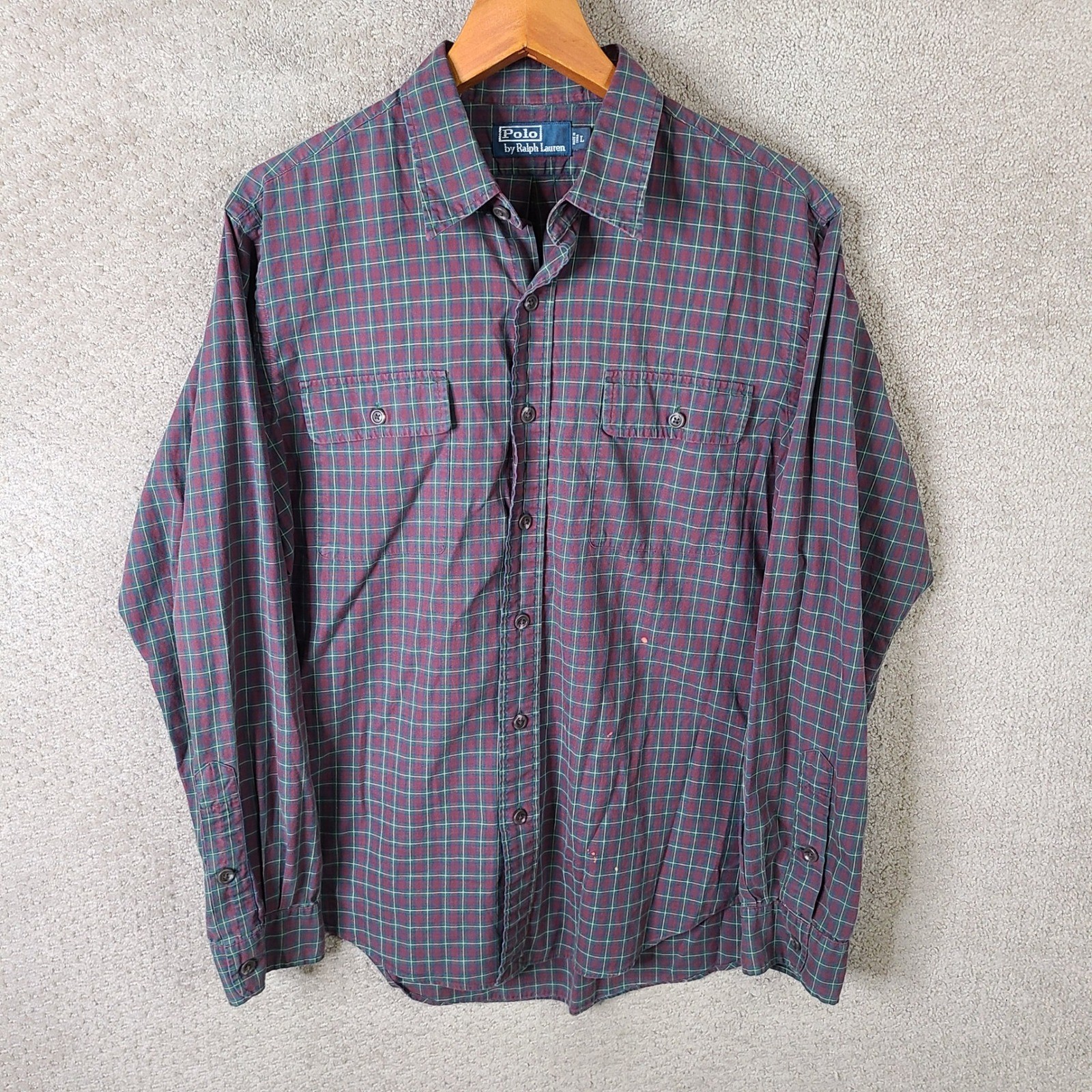 Vintage Polo Ralph Lauren Shirt Mens L Red Green Plaid Button Down Long Sleeve