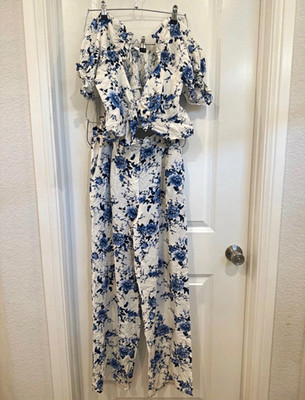 Women's 2pc Blue/White Floral Smocked Tie-Front Top Wide-Leg Pants Set OS