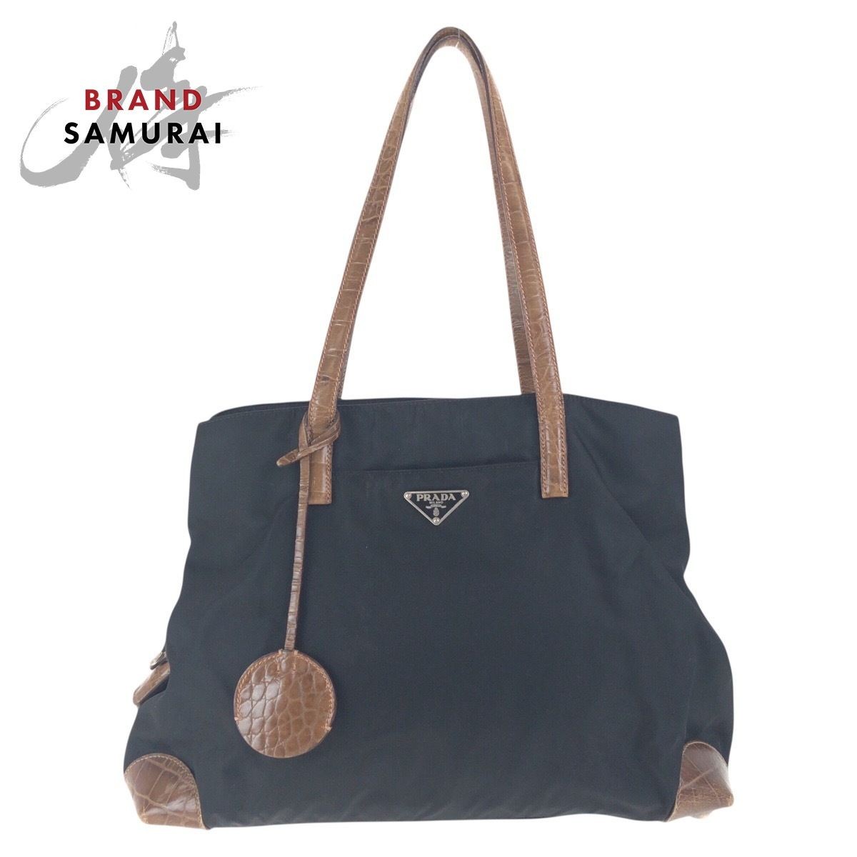 Prada Tessuto Triangle Logo Nylon Bag Black Brown Silver Hardware