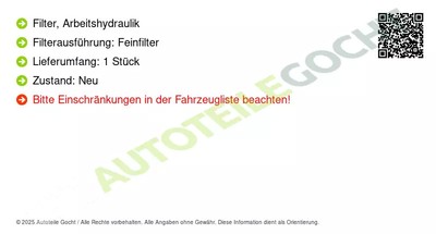 Arbeitshydraulik Filter Hydraulische Anlage für Fleetguard