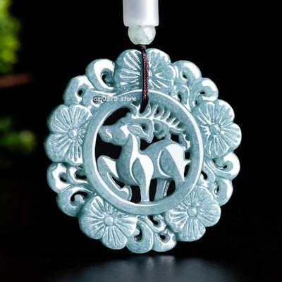 100% Natural Grade A Jade Jadeite Men Blue Water Sika Deer Round Pendant 2inch D