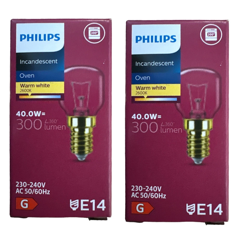 2 x Philips Oven 40w Lamp SES E14 Small Screw Cap 300°C Cooker Light Bulb - Image 1 of 2