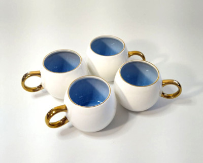 Stone & Lain Porcelain Coffee Blue Speckled Mugs 'Josephine' Set of 4 Gold Rim