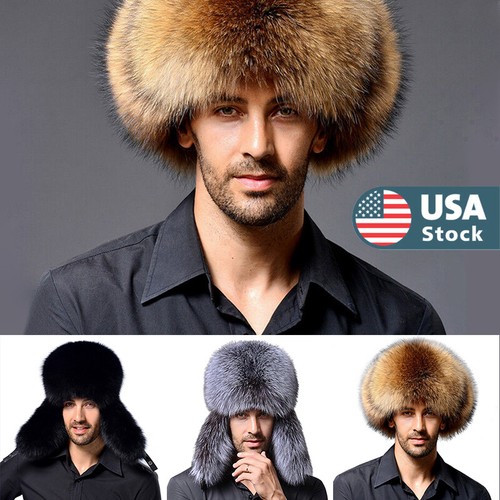 Mens Winter Faux Fox Fur Russian Hat 