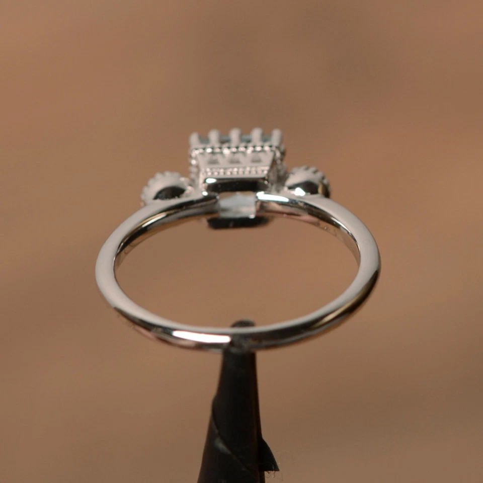 Anillo de compromiso aguamarina natural corte princesa plata 925 chapado en oro blanco Foto 3 de 4