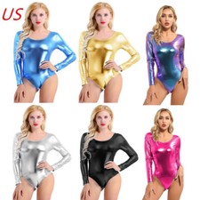 Womens Shiny Metallic Patent Leather Bodysuit Gymnastic Leotard Ballet Dancewear