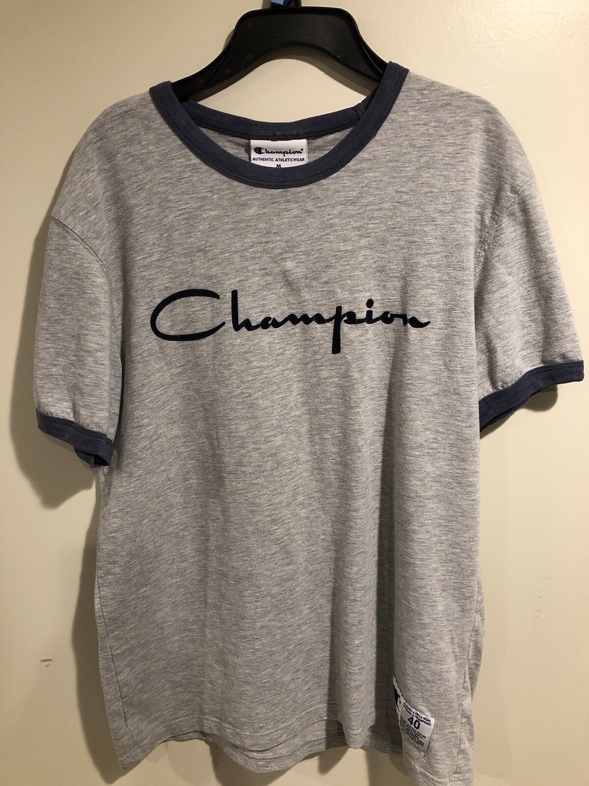 Vintage Champion Tank Top T-Shirt Medium M Gray Blue Spell Out Mens logo