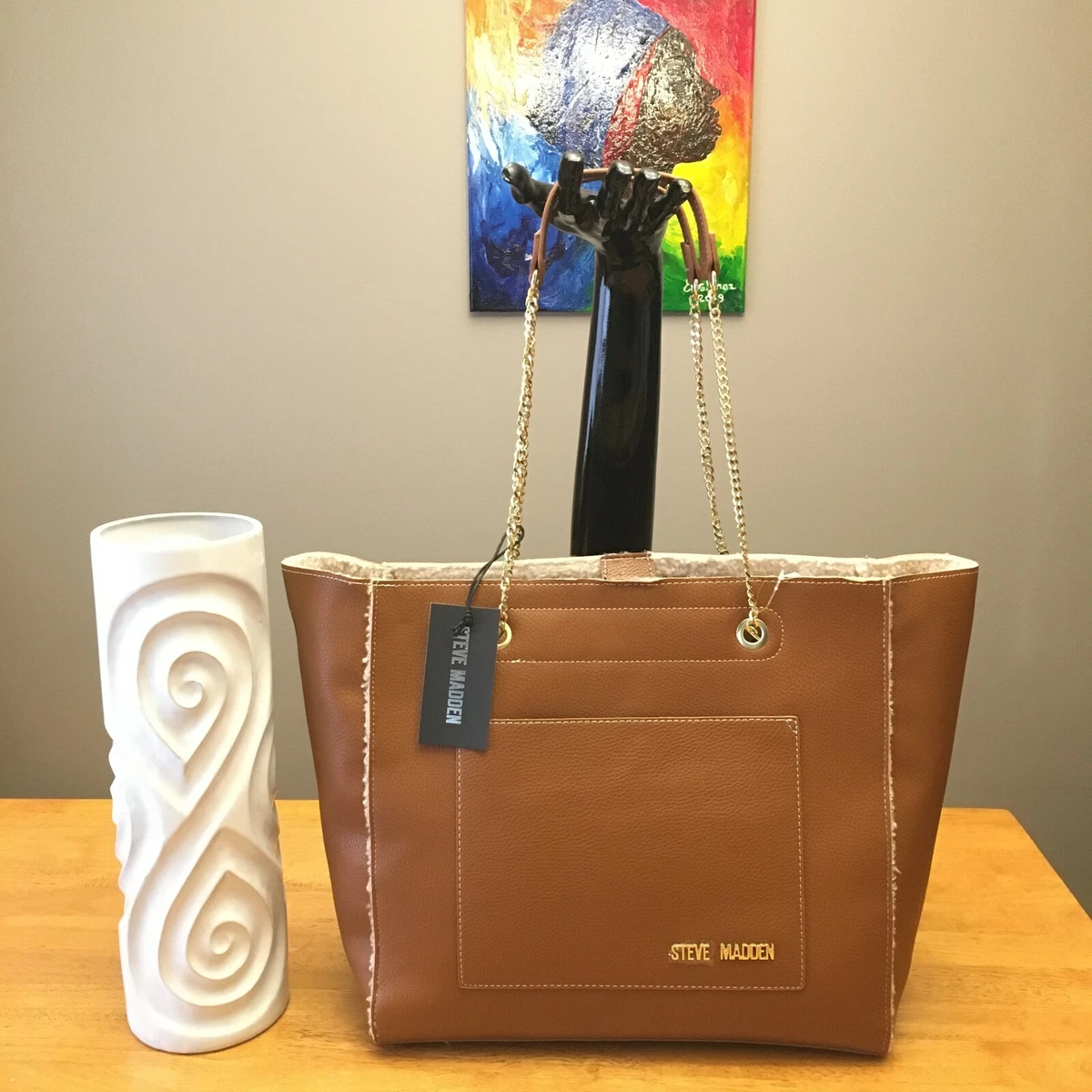 NWT Steve Madden Cognac Color BTINAA Series Large Tote w Gold Chain Straps 108