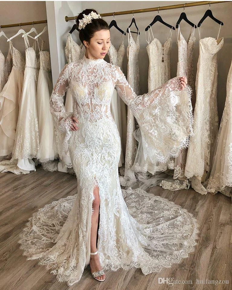 Sexy Vestidos de Novia Sirena Mangas Largas Dividido Cuello Alto Encaje Espalda Vestidos de Novia Foto 2 de 4