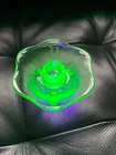 Vintage Green Uranium Glass 3 Footed tapered candle holder Fenton (?) w/etching