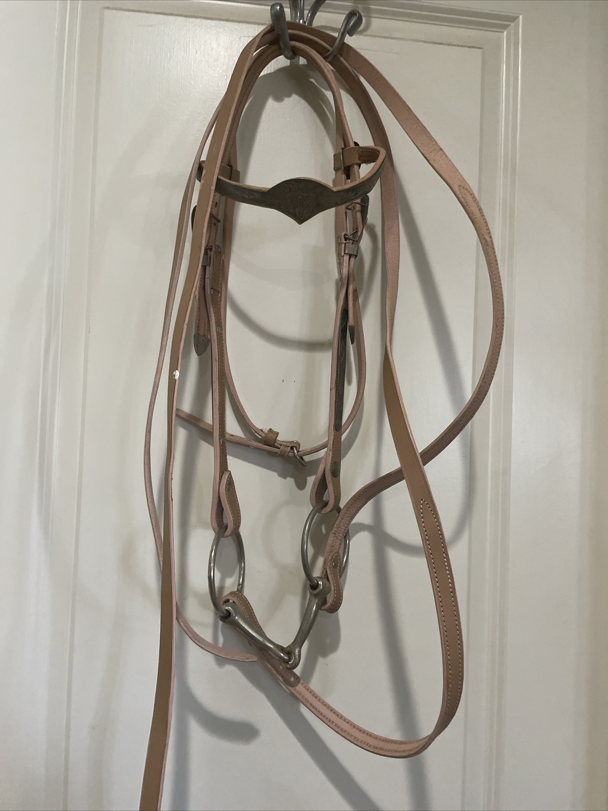Natural Leather Silver Western Horse Bridle Headstall Split Reins Snaffle Bit