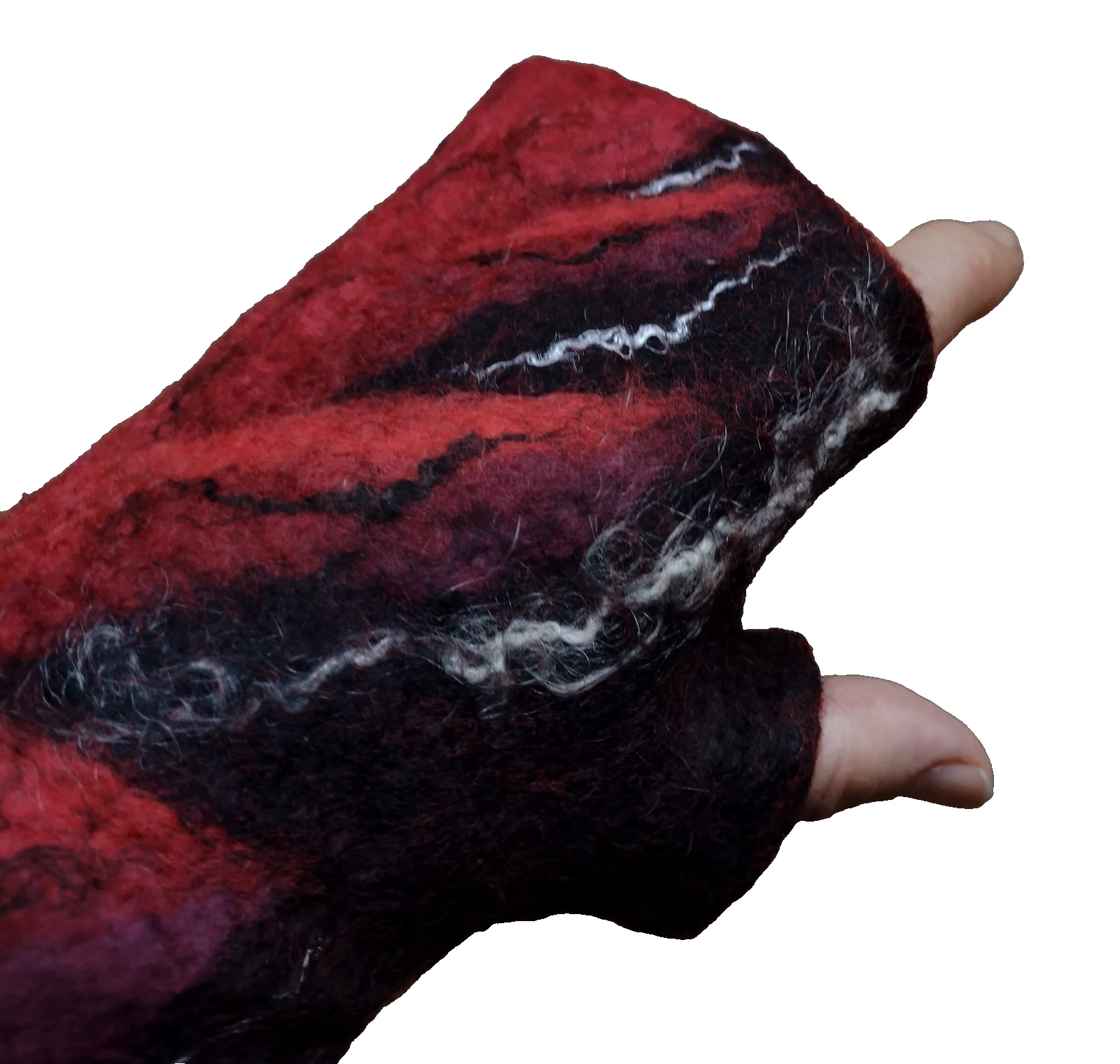 Black and Red Fingerless Felted Gloves from Wool, White Mittens of Merino, Gift