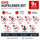 GHS Gefahrstoff Aufkleber Paket 9 Symbole Set Arbeitssicherheit Kennzeichnung 50