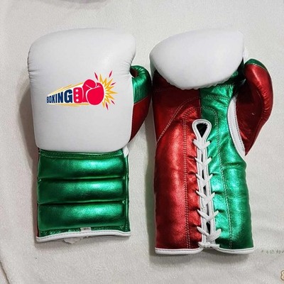 New high quality customize Leather Boxing Gloves white red green 16oz lace up