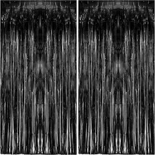 2 Pack Foil Curtain Backdrop Black Metallic Tinsel Foil Fringe Curtains Photo Bo