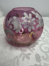 1940's Rainbow Art Glass Hand Painted Cranberry &  White Roses Globe Vase