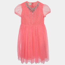 Gucci Neon Pink Crystal Embellished Tulle Tiger Dress 10 Yrs