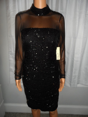 Beautiful Eliza J size 6 black ruched mesh sequin long sleeve dress women NWT