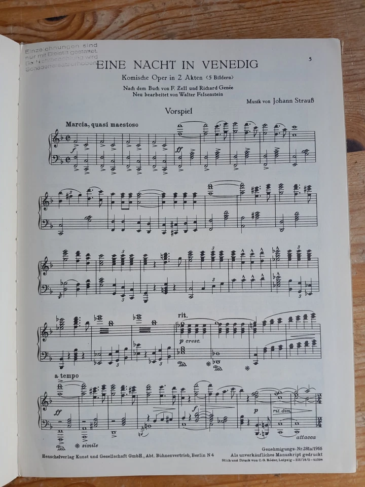 Eine Nacht In Venedig by Johann Strauss - comic opera - vintage vocal score - Image 2 of 4