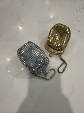 Vintage 80s Mesh Gold Silver Tone Coin Purse Kiss Clasp Satin Pouch Retro Pair