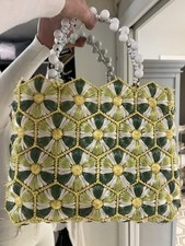Vintage Green Macrame Bag With White Beaded Handle
